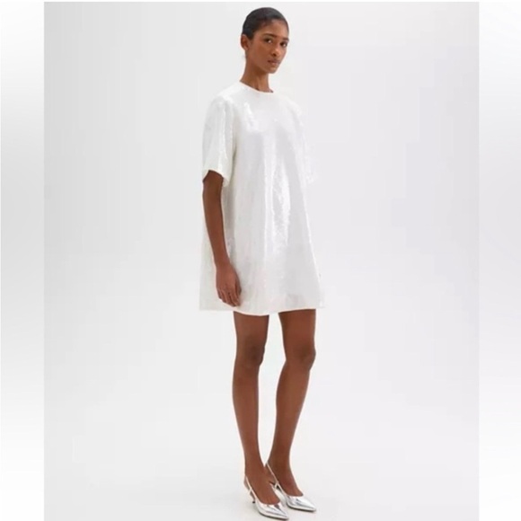 Theory Sequin T-Shirt Mini Dress Oversized White Small Chic Holiday Bridal Party - Picture 2 of 16